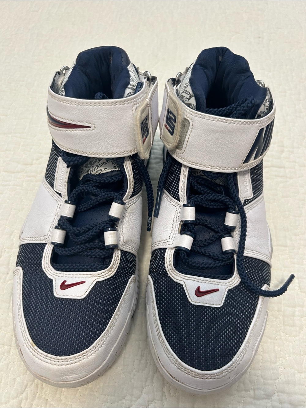 Kids White and Navy High-Top Sneakers with Red Swoosh
